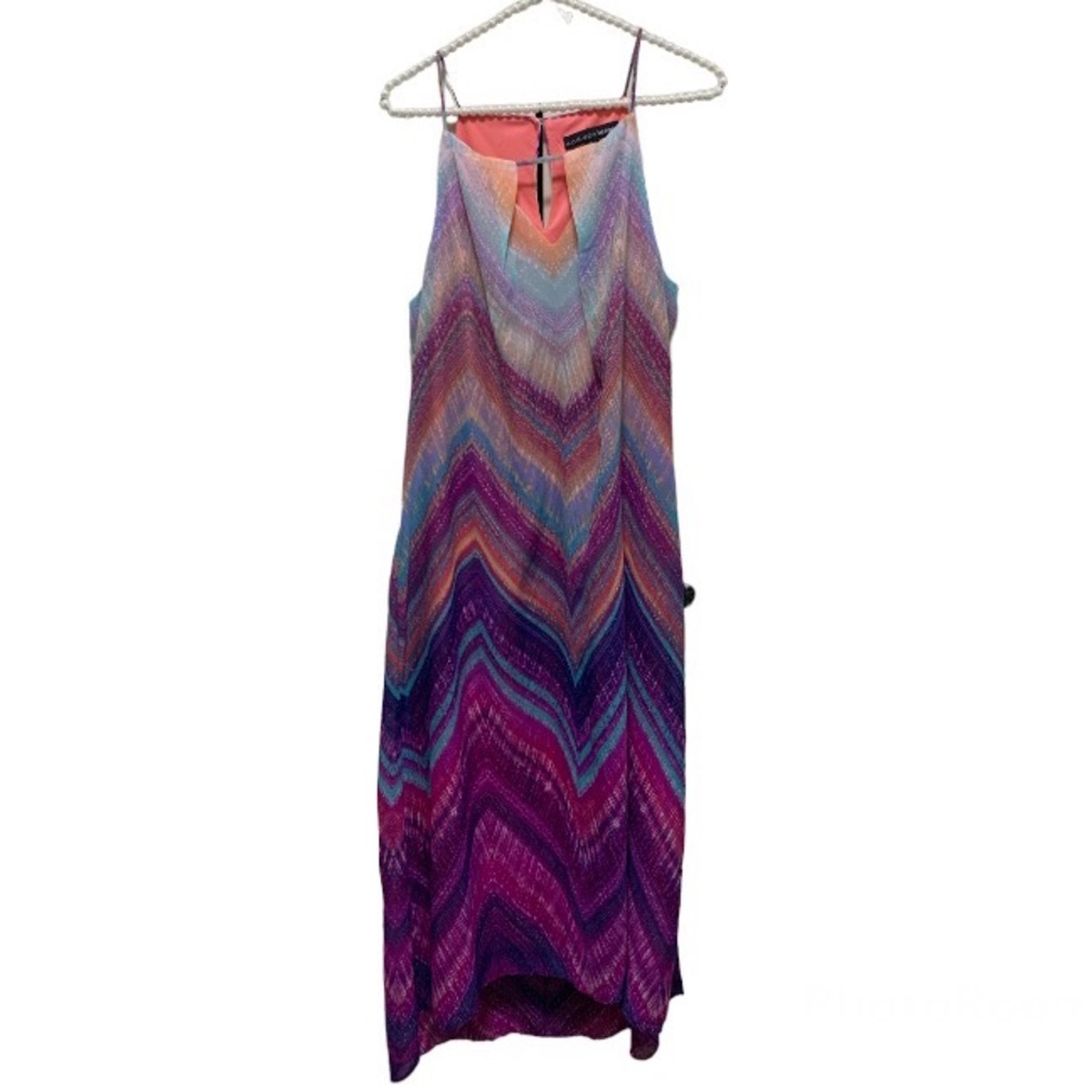 Madison Leigh rainbow high neck spaghetti strap midi dress size 12